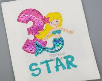 Mermaid 3rd Birthday Shirt, Custom Design, Children, Machine Embroider Applique Shirt, Birthday Ages 1-9.