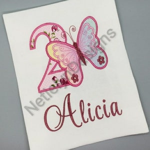 Butterfly 2 year old Birthday Shirt, Custom Design, Children, Machine Embroider Applique Shirt, Available Birthday Ages 1-12.