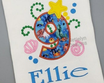 Under the Sea 9th Birthday Shirt, Custom Design, Children, Machine Embroider Applique Shirt, Birthday Ages 1-9.