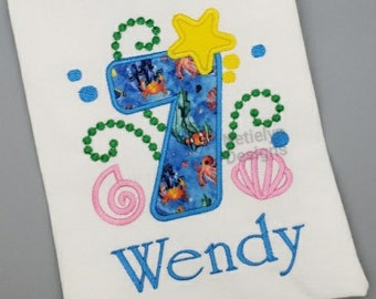 Under the Sea 7th Birthday Shirt, Custom Design, Children, Machine Embroider Applique Shirt, Birthday Ages 1-9.