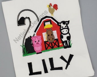 Barn Farm 2nd Birthday Shirt, Custom Design, Children, Machine Embroider Applique Shirt, Birthday Ages 1-6.
