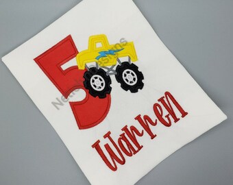 Monster Truck 5th Birthday Shirt, Custom Design, Children, Machine Embroider Applique Shirt, Birthday Ages 1-9.