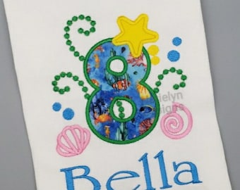 Under the Sea 8th Birthday Shirt, Custom Design, Children, Machine Embroider Applique Shirt, Birthday Ages 1-9.