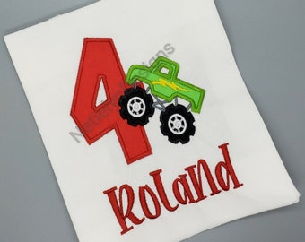 Monster Truck 4th Birthday Shirt, Custom Design, Children, Machine Embroider Applique Shirt, Birthday Ages 1-9.