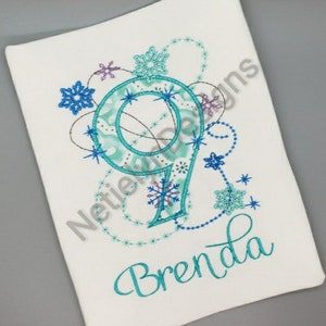 Winter Frozen 9 yr old Number Birthday Shirt, Custom Design, Children, Machine Embroider Applique Shirt, Available Birthday Ages 1-9.