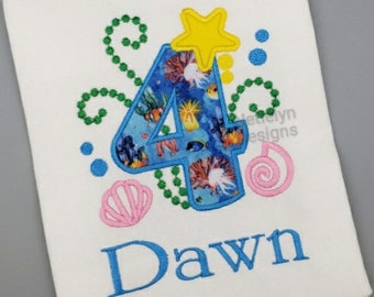 Under the Sea 4th Birthday Shirt, Custom Design, Children, Machine Embroider Applique Shirt, Birthday Ages 1-9.