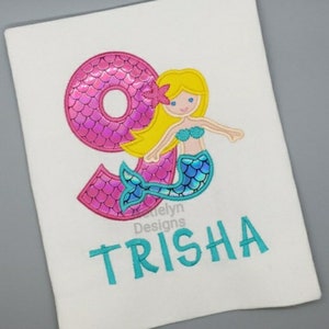 Mermaid 9th Birthday Shirt, Custom Design, Children, Machine Embroider Applique Shirt, Birthday Ages 1-9.
