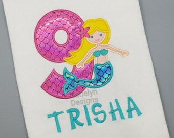 Mermaid 9th Birthday Shirt, Custom Design, Children, Machine Embroider Applique Shirt, Birthday Ages 1-9.