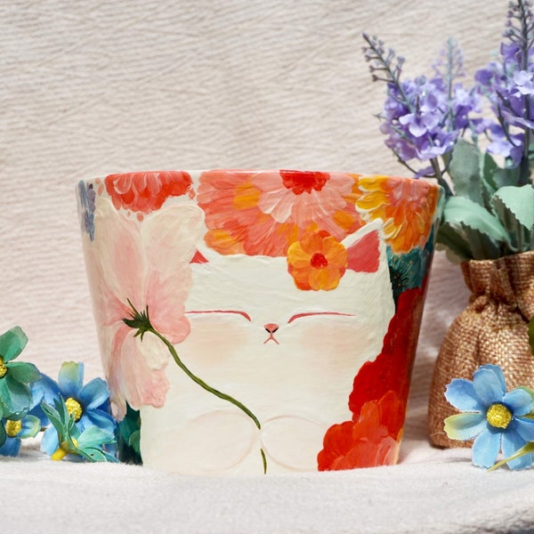 Pot en argile chat peint à la main, 5 po. Jardinière chat, pot de succulentes, pot de plante d'intérieur, pot en terre cuite chat chat