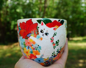 Made-to-order Handpainted Cat Clay Pot, 4" Cat Planter, Succulent Pot, Houseplant Pot, Cat Cat Terracotta Pot