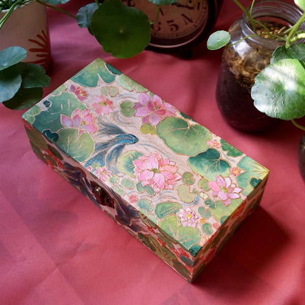 Hand-Painted Wooden Box, Siamese Fighting Fish and Lotus Pond-Acrylic Painting on Wood, Keepsake Trinket Box, Whimsical Art Tea Box