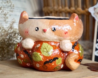 Pumpkin Cat Planter / Halloween Pot / Halloween Décor / Houseplant Pot / Cactus, Succulent Planter / Cute Cat Gift / Home, Desk Décor