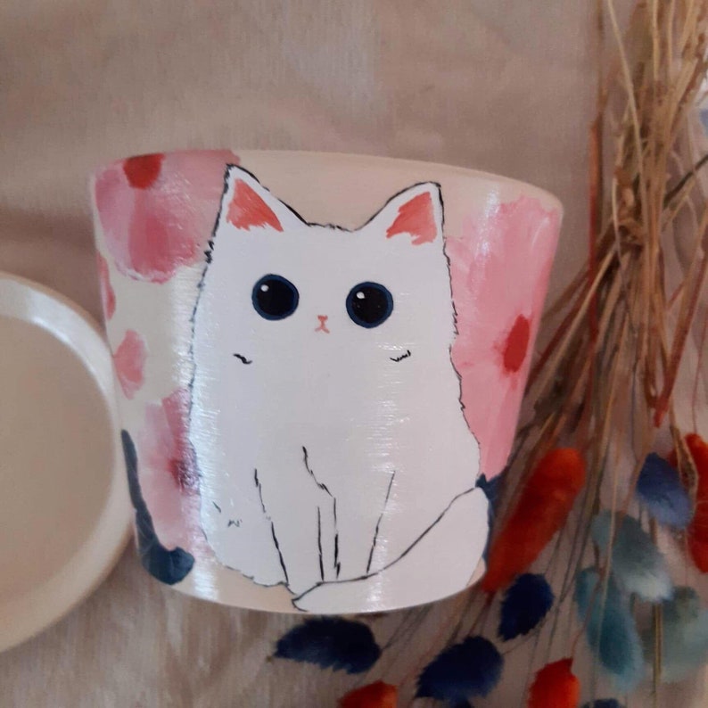 Hand-painted Cat Planter, MADE-TO-ORDER, Clay pot, 5 pot, White Cat Pot, Succulent Planter, Home Decor, Office Decor, Houseplant Pot image 4