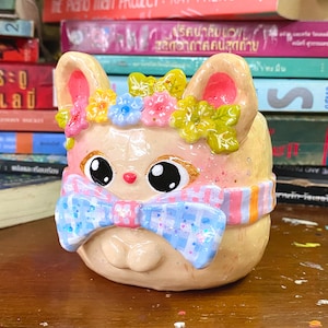 Flowery Bunny Handcrafted Planter, Glittery pottery, animal plant pot with drainage hole for cactus, succulent, house plants, bunny gift