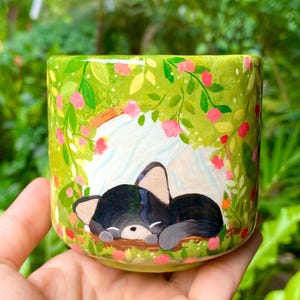 Hand-Painted Sleeping Cat Plant Pot: Acrylic Clay Pottery with Drainage