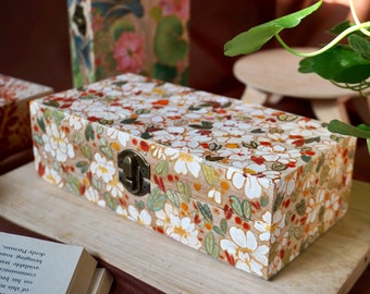 Hand-Painted Wooden Box, White Peony Garden - Acrylic Painting on Wood, Keepsake and Jewelry Box, Whimsical Art Tea Box