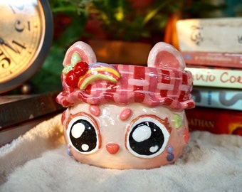 Cat Planter Pot - Cherry Hat Cat Handcrafted Pottery With Drainage Hole - Resin Coated Clay Pot - Cat Gift for Cactus, Succulent