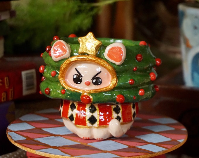 Katzen Topf - Weihnachtsbaum Hut Katze Handgefertigte Keramik Mit Drainageloch - Harzbeschichteter Tontopf - Katzengeschenk für Kaktus, Sukkulente