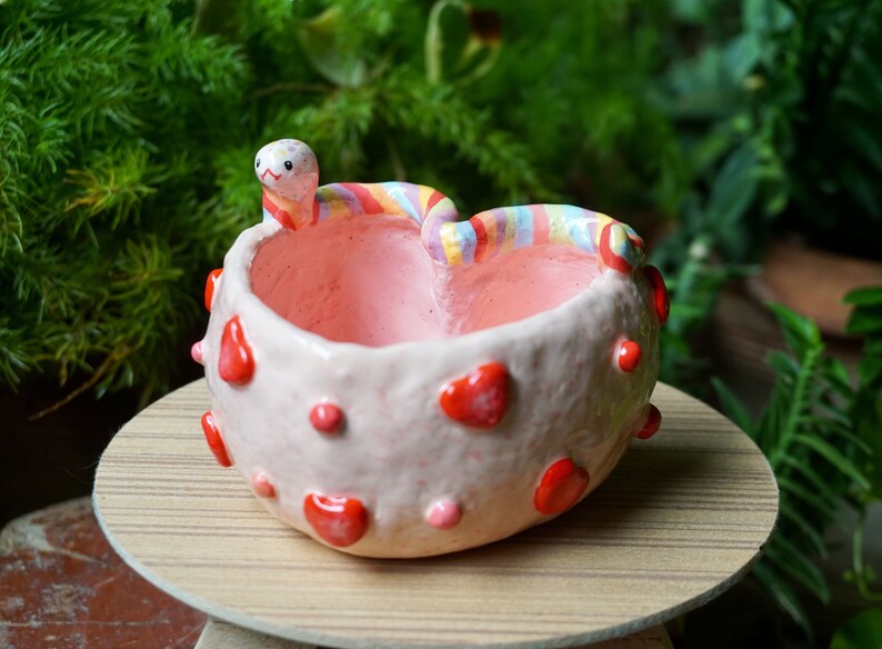 Valentine Snake Planter, Heart shape pottery, Cute Gift, Snake Gift, Handmade Planter, Animal Pot, Cactus, Succulent Pot, Home Décor image 1