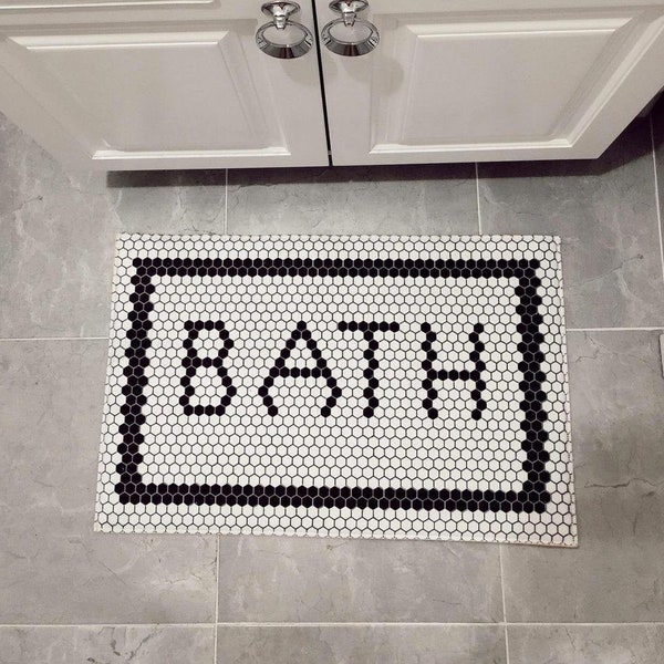 Honeycomb Pattern Carpet / Machine Washable Bathroom Rug /  Non Slip Bath Mat / Black&White Bathroom Mat / Decorative Bathroom Rug / Mat