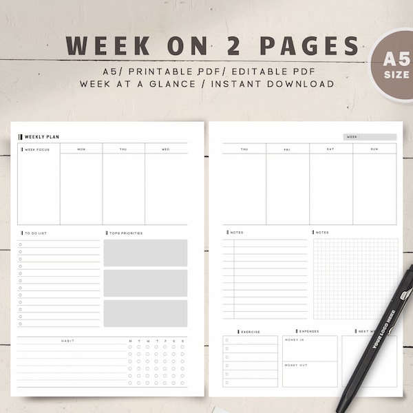 2021 Weekly Planner, Weekly Agenda, Habit Tracker, Horizontal Undated, Week on Two Page Planner ,A5 Size Printable Inserts