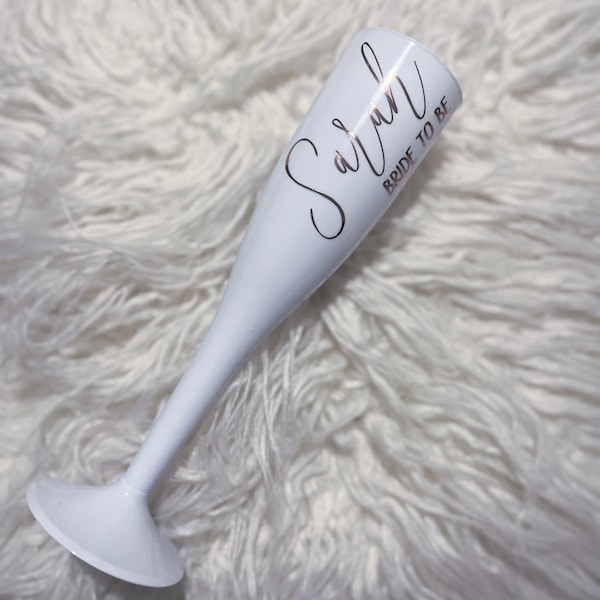 Personalised champagne flute, white plastic flute, Prosecco flute, Bridal party, bridesmaid, big birthday drinks, Hen party, wedding day