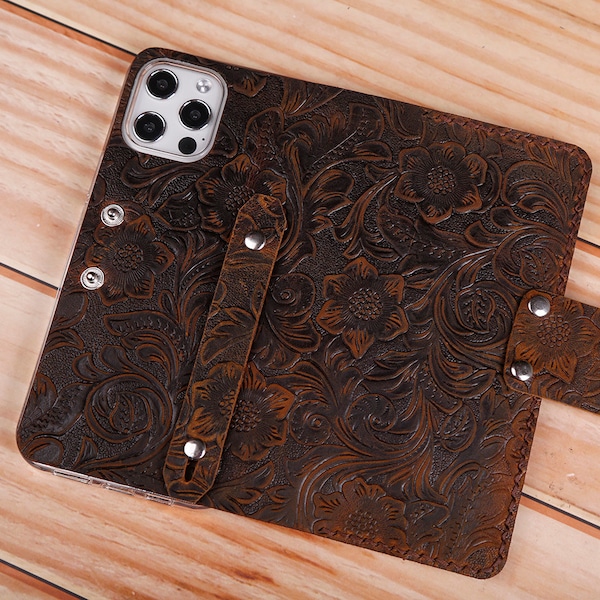 Tooled iPhone 15 Pro Max/15 Plus/14 Pro/14 Pro Max/14 Plus  11  13 Pro Max /13 leather case wallet Hand Stitched Free Custom Tooled Leather