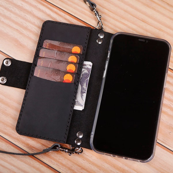 Schouderriem echt leer iPhone 17 Pro Max, 17 Pro, 17, 17e, Air Leather Case Wallet, Tooled Man Folio Flip 8CMIF04