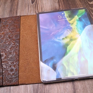 Leather tablet case Fold iPad 2021/2020 iPad mini6 5, 10.2'', air 10.5", new 9.7" case, iPad Pro 12.9 Case  Embossed leather Yellowish brown