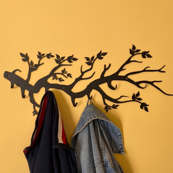 Branches d'arbre avec feuilles Porte-manteau mural en métal | Support mural | Patères en acier Branch | Mur de suspension | Portant à vêtements avec crochet