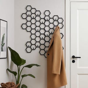 Hallway Coat Rack, Honeycomb Wall Hook, Modern Wall Coat Rack, Geometric Entryway Decor, Large Coat & Bag Organizer, Hexagon Wall Hook Panel