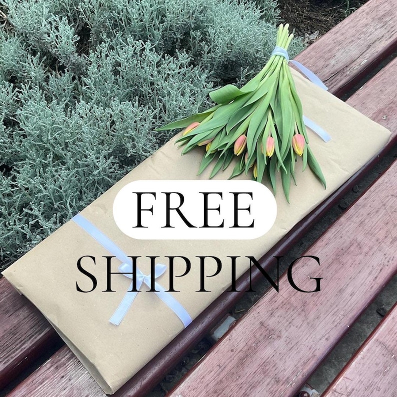 Op de afbeelding: Een rechthoekig pakket verpakt in bruin papier met een wit lint eromheen, bekroond met een boeket verse tulpen met groene stelen en roze bloemblaadjes. De tekst FREE SHIPPING staat in het zwart op het midden van het pakket gedrukt.