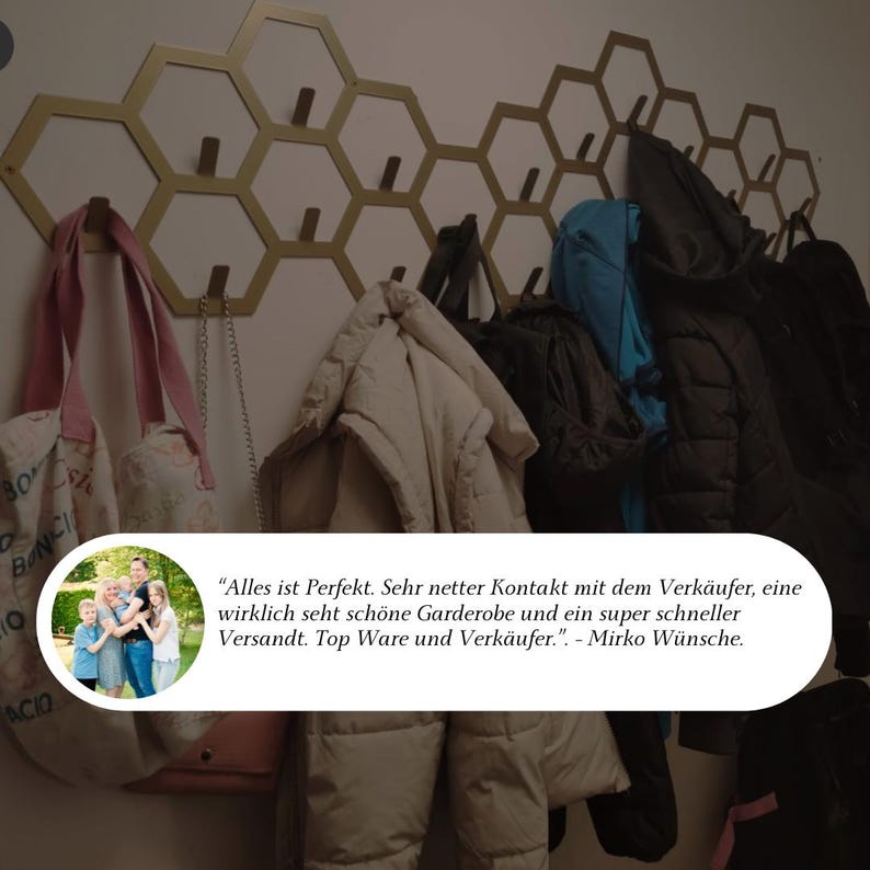 May include: A gold-colored, honeycomb-shaped wall-mounted coat rack with multiple hooks. Various coats, bags, and accessories hang from the hooks. The rack is mounted on a white wall. A pink tote bag and a white bag are visible.