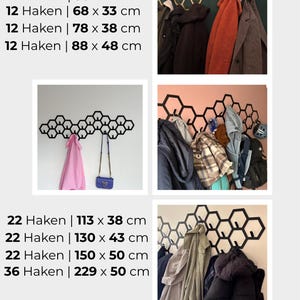 May include: Black honeycomb-shaped wall-mounted coat racks with various sizes and hook counts. Sizes range from 22.8 x 8.3 inches to 90.2 x 19.7 inches. The image shows coats and bags hanging on the racks.