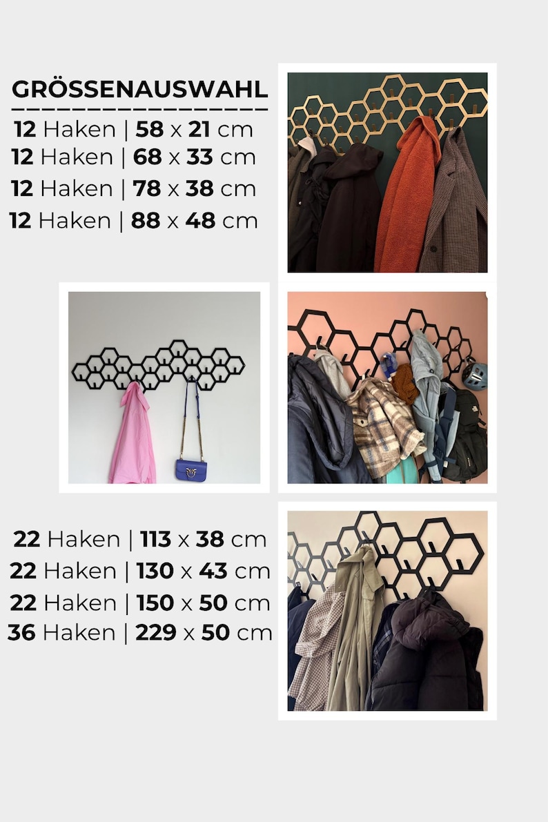 May include: Black honeycomb-shaped wall-mounted coat racks with various sizes and hook counts. Sizes range from 22.8 x 8.3 inches to 90.2 x 19.7 inches. The image shows coats and bags hanging on the racks.