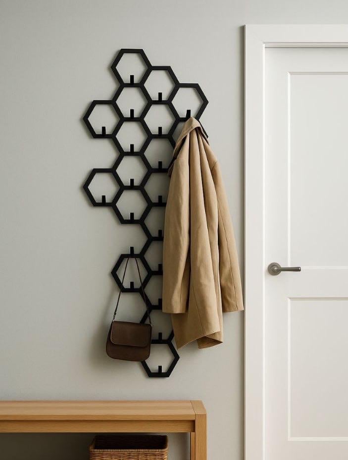 Vertical Hexagon Coat Rack Wall Mount Modern Entryway Organizer