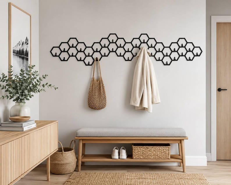Extra Große Wandgarderobe Metall , Geometrische Wandhaken, Moderne Flurgarderobe, Garderobenpaneel mit Haken, Kleiderhaken Wand image 15