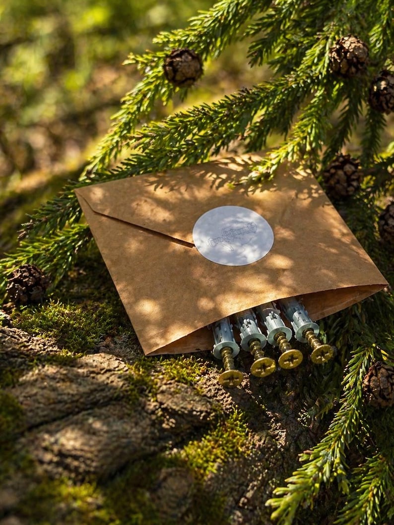 May include: A brown paper envelope with a white sticker, partially open to reveal several screws. The screws have gold-colored heads and are displayed on a bed of green moss and pine needles, with pine cones in the background.