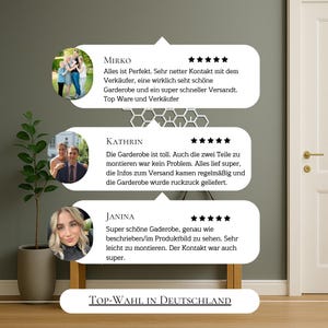 May include: Image features customer testimonials with photos and star ratings. The text includes positive feedback about a wardrobe, mentioning fast shipping and easy assembly. The phrase "Top-Wahl in Deutschland" is also visible.