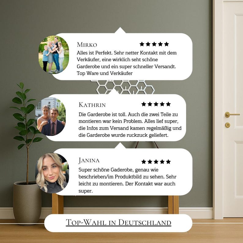 May include: Image features customer testimonials with photos and star ratings. The text includes positive feedback about a wardrobe, mentioning fast shipping and easy assembly. The phrase "Top-Wahl in Deutschland" is also visible.
