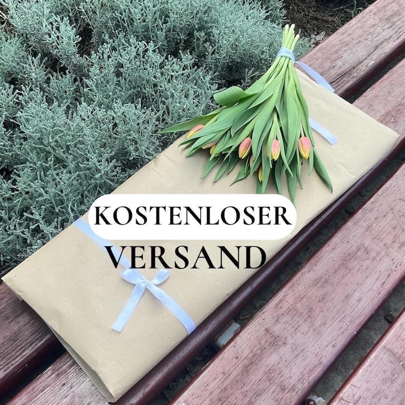 May include: A bouquet of tulips with pink and yellow petals and green leaves, tied with a light blue ribbon, rests on a brown paper-wrapped package. The package is tied with a white ribbon and bow. The text "KOSTENLOSER VERSAND" is visible.
