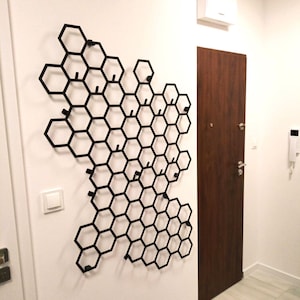 May include: Black metal honeycomb wall organiser with multiple hooks. The organiser is mounted on a white wall next to a wooden door.