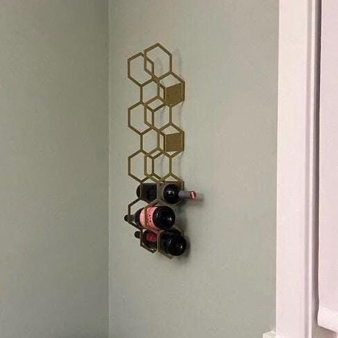 Wine Rack Gold Honeycomb, Modern Geometric Wall Mounted Wine Rack, Metal Wine Storage for 6-8 Bottles, Unique Wine Rack Design