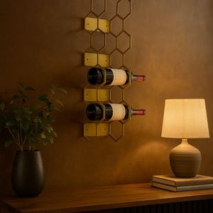 Puede incluir: Un botellero de vino montado en la pared con un dise&ntilde;o de panal de abeja dorado, que contiene dos botellas de vino tinto. El botellero est&aacute; fijado a una pared marr&oacute;n. Una l&aacute;mpara y una planta est&aacute;n en el fondo.