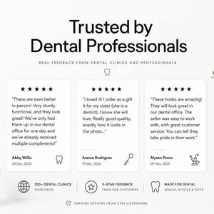 Peut inclure: Un affichage graphique intitul&eacute; Trusted by Dental Professionals pr&eacute;sentant trois avis clients cinq &eacute;toiles. Le texte inclut les commentaires d'Abby Willis, Aranza Rodriguez et Alyson Porco, ainsi que des ic&ocirc;nes de dent, miroir dentaire et fauteuil.