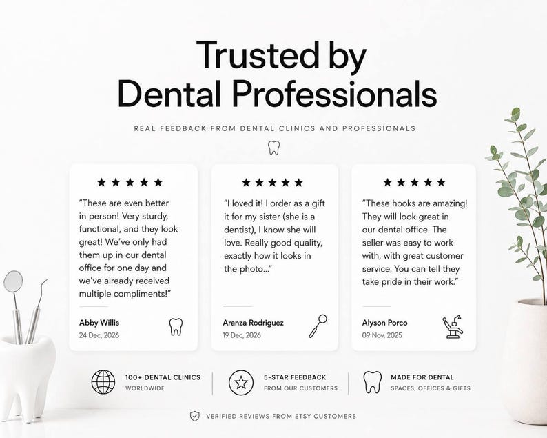 Peut inclure: Un affichage graphique intitul&eacute; Trusted by Dental Professionals pr&eacute;sentant trois avis clients cinq &eacute;toiles. Le texte inclut les commentaires d'Abby Willis, Aranza Rodriguez et Alyson Porco, ainsi que des ic&ocirc;nes de dent, miroir dentaire et fauteuil.