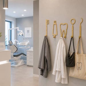 Op de afbeelding: Een set van vijf goudkleurige wandhaken in de vorm van tandheelkundige instrumenten, waaronder een tandenborstel, tandpastatube, tand, tandartsspiegel en sonde. De haken zijn aan een muur bevestigd en dragen een grijze jas, witte jas en tassen.
