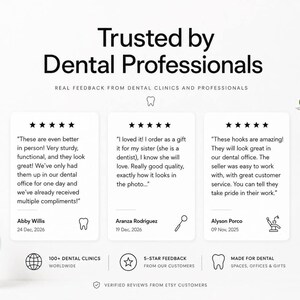 Op de afbeelding: Een grafische weergave getiteld Trusted by Dental Professionals met drie vijfsterren klantbeoordelingen. De tekst bevat feedback van Abby Willis, Aranza Rodriguez en Alyson Porco, samen met iconen van een tand, tandartsspiegel en stoel.