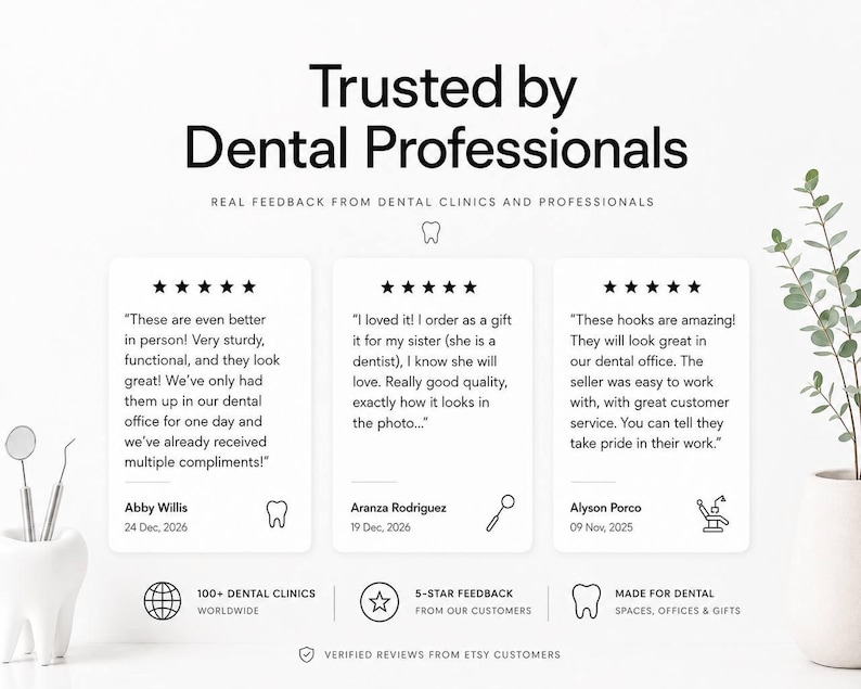 Op de afbeelding: Een grafische weergave getiteld Trusted by Dental Professionals met drie vijfsterren klantbeoordelingen. De tekst bevat feedback van Abby Willis, Aranza Rodriguez en Alyson Porco, samen met iconen van een tand, tandartsspiegel en stoel.
