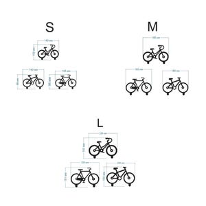 Op de afbeelding: Diagram van fietsmuurbevestigingen in drie maten: S, M en L. Elke maat toont de afmetingen in millimeters en bevat een afbeelding van een fiets. De S-maat heeft afmetingen van 140 mm x 102 mm, 140 mm x 96 mm en 140 mm x 96 mm.